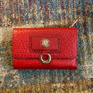 DKNY Red Pebbled Leather Bifold Logo Snap Wallet